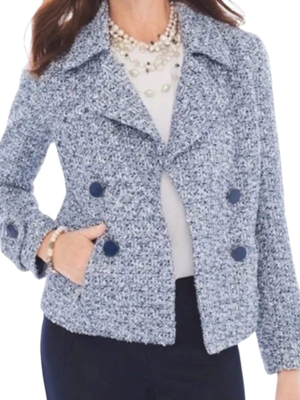 CHICO’s Tweed Textured Blue White Shimmer Open Collared Lined Jacket Size 3 (16)